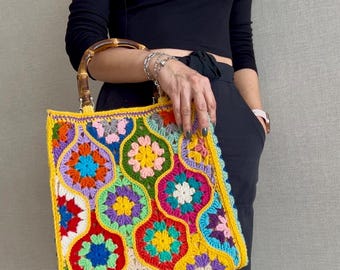 Handgestrickte Blumen häkeln Einkaufstasche: Bunt schickes Design