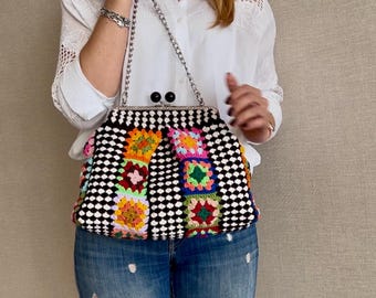 Handgemachte Häkeln Oma Quadrat Tasche, Bunte Schultertasche mit KissLock