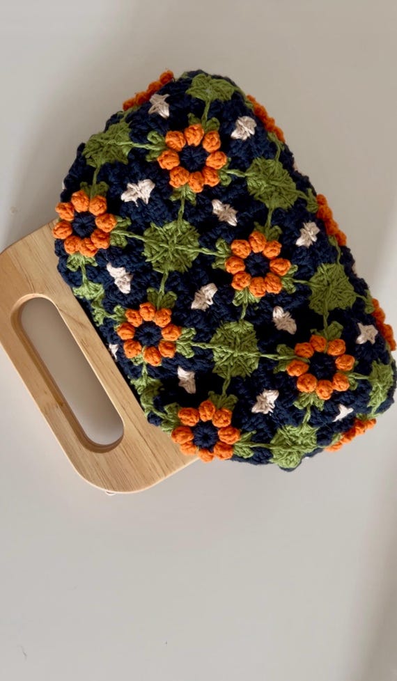 Retro Floral Crochet Bag, Navy Orange Green, Wooden Handles, Leather Strap