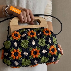 Bolso retro floral de crochet, azul marino, naranja y verde, asas de madera, correa de cuero imagen 14