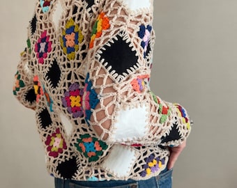 80er 90er inspiriertes Häkeltop aus Netzstoff - Patchwork Bluse