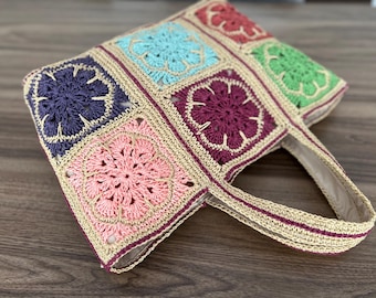 Handgemachte häkeln Bunte Oma Quadrat Tasche, Bunte Papier Garn Tasche