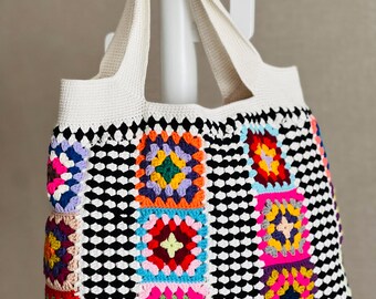 Handgemachte Oma Square Einkaufstasche, Bunte Häkeltasche