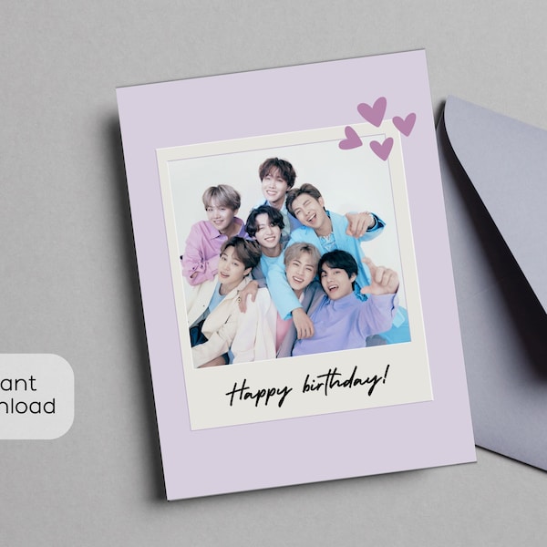 BTS Lavender Photo Card Printable Birthday Card | Blank KPop Greeting Card, Instant Digital Download | Jimin Jungkook V Suga RM Jin JHope