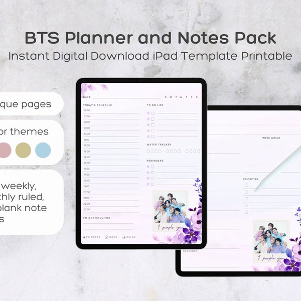 BTS Printable Planner | Instant Digital Download for iPad | To Do List Calendar Notes | Photo Card of Jimin Jungkook V Suga RM Jin JHope