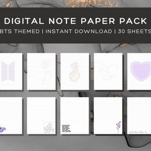 May include: A digital note paper pack with 30 sheets featuring a BTS theme. The sheets have lined paper with various designs including a butterfly, a flower, a heart, a hand gesture, and the BTS logo.