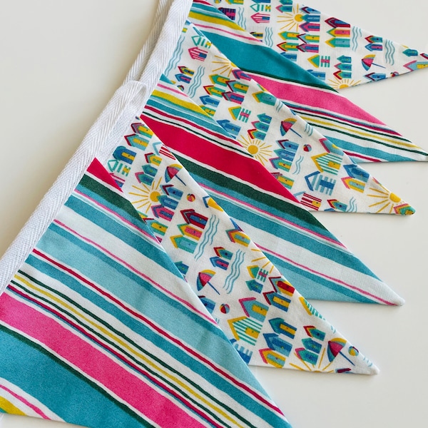 Beach hut fabric bunting -made using premium Liberty cotton fabric- double sided  brights - various lengths (matching cushions available)