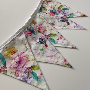 Bird Floral handmade fabric Bunting- double sided  hummingbirds and flowers  -various lengths