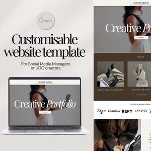 May include: A customizable website template for social media managers and UGC creators. The design features a laptop displaying a creative portfolio, with a woman holding a laptop. The website showcases services like social media management and content creation.