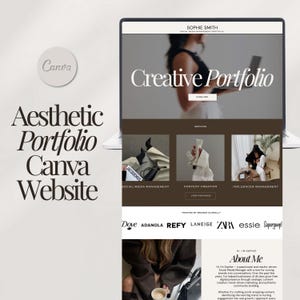 Peut inclure: Conception de site web esthétique Canva affichée sur un écran d'ordinateur portable. Le site web présente le texte "Creative Portfolio" et "Sophie Smith". Le texte supplémentaire comprend "Social Media Management", "Content Creation" et "Influencer Management".