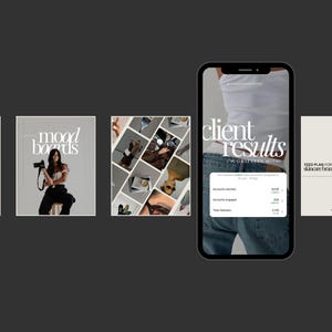 Puede incluir: Un collage de im&aacute;genes que muestran mood boards, resultados de clientes y un plan de alimentaci&oacute;n para una marca de cuidado de la piel. Los resultados de los clientes muestran un aumento en las cuentas alcanzadas, las cuentas comprometidas y los seguidores totales.
