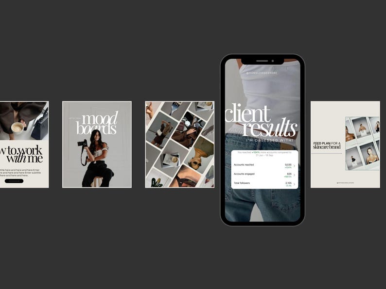 Puede incluir: Un collage de im&aacute;genes que muestran mood boards, resultados de clientes y un plan de alimentaci&oacute;n para una marca de cuidado de la piel. Los resultados de los clientes muestran un aumento en las cuentas alcanzadas, las cuentas comprometidas y los seguidores totales.