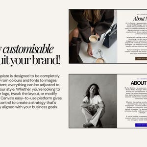 May include: A digital marketing template with the text "fully customisable to suit your brand!" and "About Me". The template is designed to be flexible, allowing for adjustments to colors, fonts, images, and content. A woman is sitting in the image.
