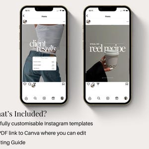 Puede incluir: Dos maquetas de publicaciones de Instagram sobre un fondo blanco. La primera publicaci&oacute;n presenta a una mujer con jeans y un top blanco con el texto "client results". La segunda publicaci&oacute;n presenta una mano sosteniendo una taza de caf&eacute; con el texto "steal my reel recipe".