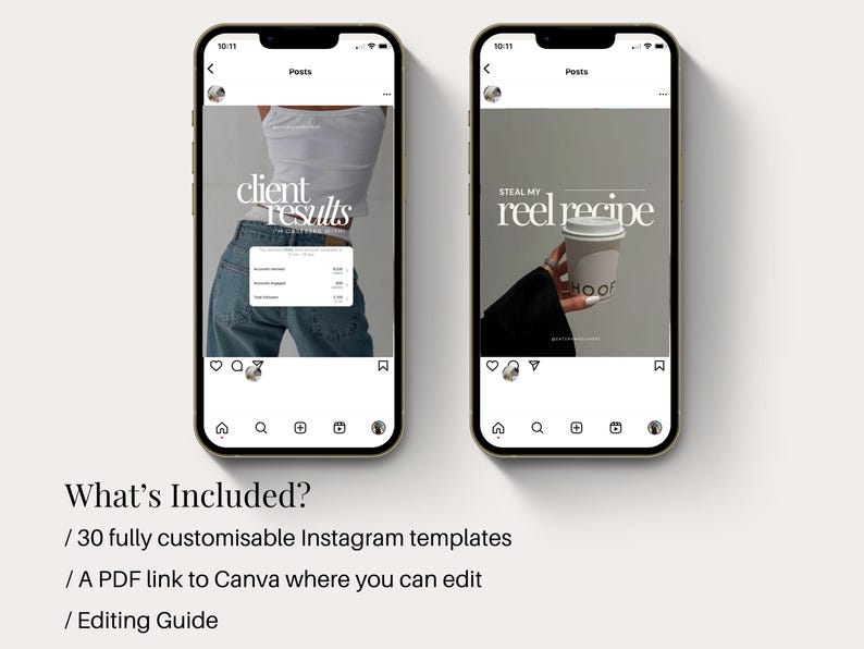 Puede incluir: Dos maquetas de publicaciones de Instagram sobre un fondo blanco. La primera publicaci&oacute;n presenta a una mujer con jeans y un top blanco con el texto "client results". La segunda publicaci&oacute;n presenta una mano sosteniendo una taza de caf&eacute; con el texto "steal my reel recipe".