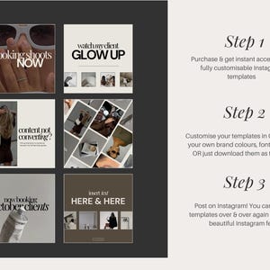 Puede incluir: Un collage de nueve plantillas de publicaciones de Instagram con superposiciones de texto. Las plantillas presentan una variedad de estilos, que incluyen minimalista, moderno y est&eacute;tico. El texto en las plantillas incluye frases como "booking shoots now", "watch my client glow up" y "content not converting?"