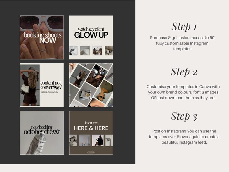 Puede incluir: Un collage de nueve plantillas de publicaciones de Instagram con superposiciones de texto. Las plantillas presentan una variedad de estilos, que incluyen minimalista, moderno y est&eacute;tico. El texto en las plantillas incluye frases como "booking shoots now", "watch my client glow up" y "content not converting?"