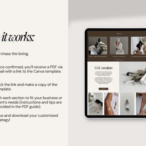 May include: A digital tablet displays a website with the text "how it works:" and instructions for purchasing, accessing, and customizing a template. The website showcases images and the text "UGC creation."