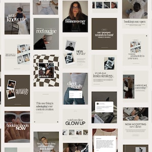 Puede incluir: Un collage de publicaciones de redes sociales con un esquema de color marr&oacute;n y blanco. Las publicaciones presentan texto sobre estrategia de redes sociales, resultados de clientes y reservas de sesiones. Tambi&eacute;n se puede ver el texto "Get to know me" y "Reel recipe".