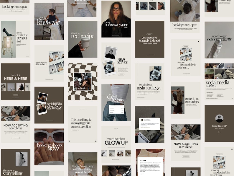 Puede incluir: Un collage de publicaciones de redes sociales con un esquema de color marr&oacute;n y blanco. Las publicaciones presentan texto sobre estrategia de redes sociales, resultados de clientes y reservas de sesiones. Tambi&eacute;n se puede ver el texto "Get to know me" y "Reel recipe".