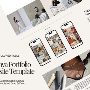 May include: A digital marketing graphic featuring three smartphones displaying social media content. The image includes the text "Canva Portfolio Website Template" and "Social Media Management". The design incorporates lifestyle photos, jewelry, and beauty products.