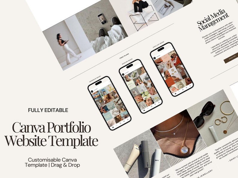 May include: A digital marketing graphic featuring three smartphones displaying social media content. The image includes the text "Canva Portfolio Website Template" and "Social Media Management". The design incorporates lifestyle photos, jewelry, and beauty products.