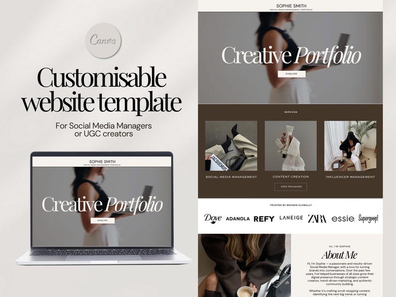 May include: A customizable website template for social media managers and UGC creators. The design features a laptop displaying a creative portfolio, with a woman holding a laptop. The website showcases services like social media management and content creation.