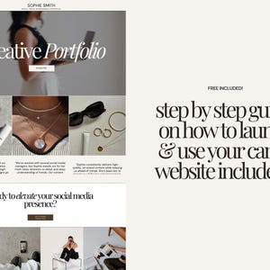 May include: A website design featuring the text "Creative Portfolio" and "Ready to elevate your social media presence?" with a step-by-step guide on launching and using a Canva website. The design includes images of jewelry, sunglasses, and beauty products.