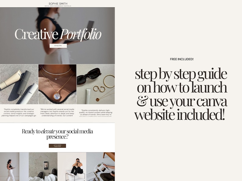 May include: A website design featuring the text "Creative Portfolio" and "Ready to elevate your social media presence?" with a step-by-step guide on launching and using a Canva website. The design includes images of jewelry, sunglasses, and beauty products.