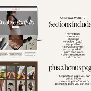 May include: A laptop screen displays a website titled "Creative Portfolio" with sections including home page, services, and about me. The website also features a portfolio and client testimonials. Additional bonus pages are included.
