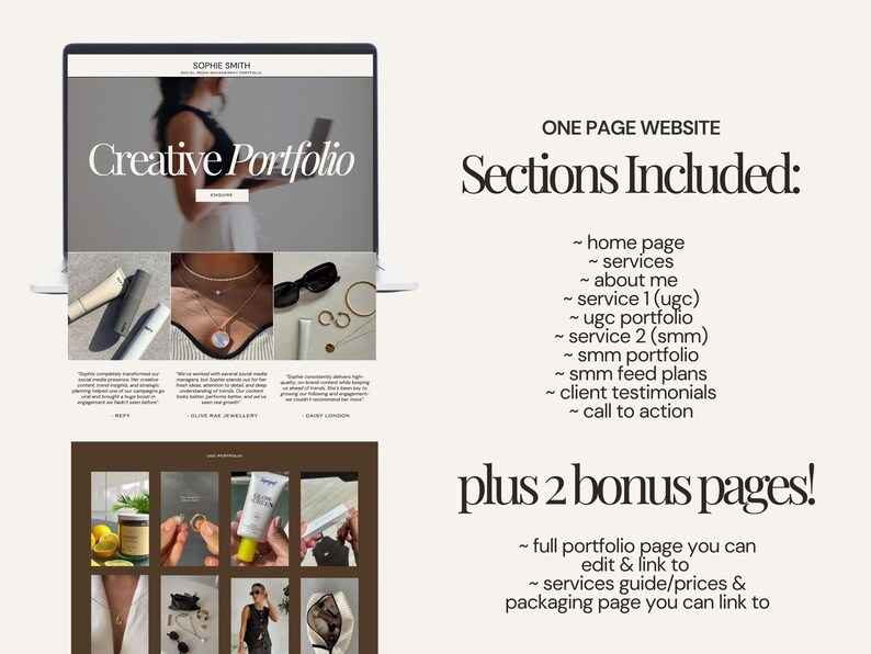 May include: A laptop screen displays a website titled "Creative Portfolio" with sections including home page, services, and about me. The website also features a portfolio and client testimonials. Additional bonus pages are included.