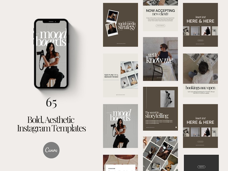 Puede incluir: Un conjunto de 65 plantillas de Instagram para crear mood boards. Las plantillas presentan una variedad de dise&ntilde;os, que incluyen superposiciones de texto, im&aacute;genes y paletas de colores. Las plantillas est&aacute;n dise&ntilde;adas para ayudar a los usuarios a crear contenido visualmente atractivo e interesante para sus redes sociales.