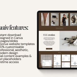 May include: A digital tablet displays a website design with the text "UGC creation" and "main features:" including "Instant download" and "100% customisable". The website features images and data visualizations.