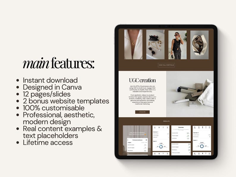 May include: A digital tablet displays a website design with the text "UGC creation" and "main features:" including "Instant download" and "100% customisable". The website features images and data visualizations.