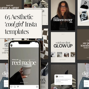 Puede incluir: Un collage de im&aacute;genes que muestran plantillas de Instagram para empresas. Las plantillas presentan una variedad de dise&ntilde;os, que incluyen superposiciones de texto, fotos y gr&aacute;ficos. El texto en las plantillas incluye frases como "Steal my reel recipe", "Watch my client glow up" y "Use trending sounds to boost visibility on reels".