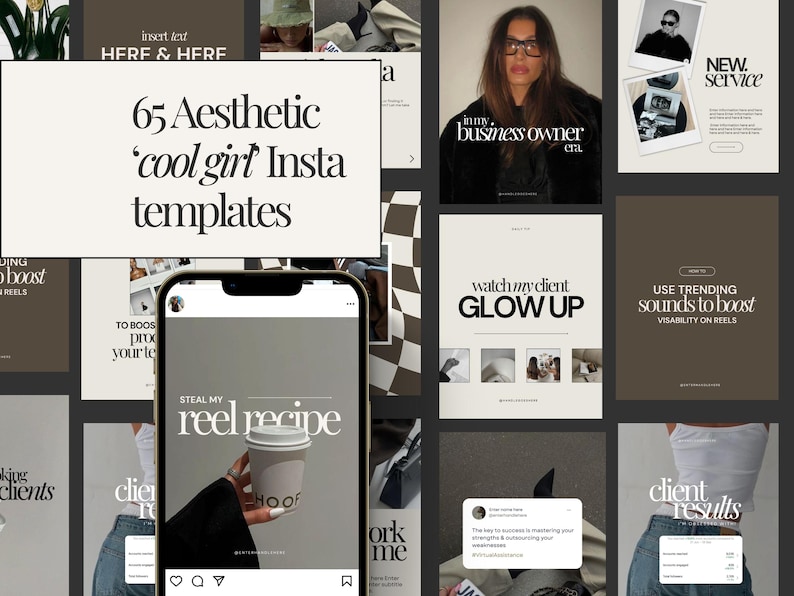 Puede incluir: Un collage de im&aacute;genes que muestran plantillas de Instagram para empresas. Las plantillas presentan una variedad de dise&ntilde;os, que incluyen superposiciones de texto, fotos y gr&aacute;ficos. El texto en las plantillas incluye frases como "Steal my reel recipe", "Watch my client glow up" y "Use trending sounds to boost visibility on reels".