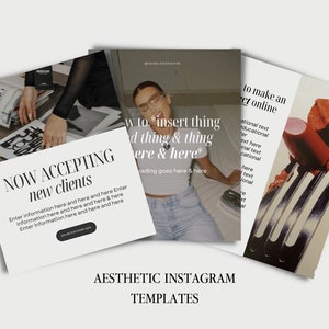 May include: Three Instagram post templates with different images and text. The first template features a photo of hands holding magazines with the text "NOW ACCEPTING new clients". The second template features a photo of a woman wearing a denim jacket and jeans with the text "How to *insert thing and thing & thing here & here*" and the text "Heading goes here & here". The third template features a photo of a lipstick on a fork with the text "How to make an effect online" and the text "National text educational here text here national text educational here text here national text educational".