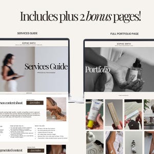 May include: A digital marketing services guide displayed on a laptop screen. The screen shows the text "Services Guide" and "Prices & Packages". The image also includes a "Portfolio" page and the text "Includes plus 2 bonus pages!"