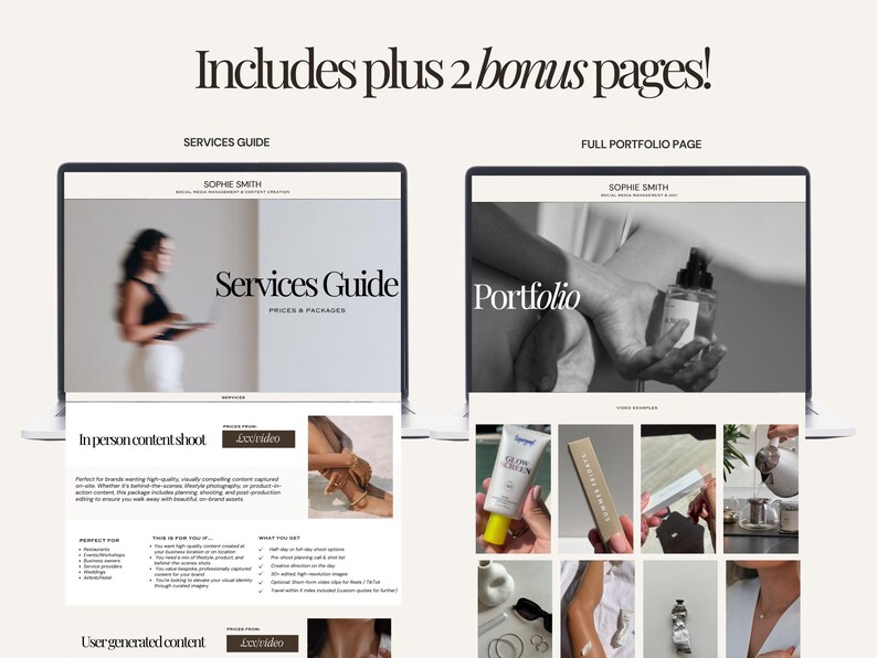 May include: A digital marketing services guide displayed on a laptop screen. The screen shows the text "Services Guide" and "Prices & Packages". The image also includes a "Portfolio" page and the text "Includes plus 2 bonus pages!"