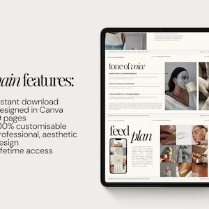 K&ouml;nnte beinhalten: Ein digitales Tablet zeigt eine Mockup eines Social-Media-Feed-Plans. Der Plan enth&auml;lt einen Abschnitt "Ton der Stimme" mit den &Uuml;berschriften "Empathisch und empowernd", "Bildungsorientiert und inspirierend" und "Vertrauensw&uuml;rdig und transparent". Der Abschnitt "Feed-Plan" enth&auml;lt eine Mockup eines Telefonbildschirms mit einem Raster von Bildern.