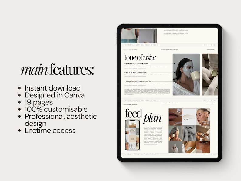 K&ouml;nnte beinhalten: Ein digitales Tablet zeigt eine Mockup eines Social-Media-Feed-Plans. Der Plan enth&auml;lt einen Abschnitt "Ton der Stimme" mit den &Uuml;berschriften "Empathisch und empowernd", "Bildungsorientiert und inspirierend" und "Vertrauensw&uuml;rdig und transparent". Der Abschnitt "Feed-Plan" enth&auml;lt eine Mockup eines Telefonbildschirms mit einem Raster von Bildern.