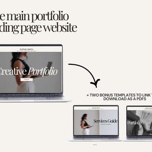May include: Image of three laptops displaying a website design. The main laptop shows a "Creative Portfolio" with a woman holding a laptop. Two additional templates are also shown. Text reads "One main portfolio landing page website."