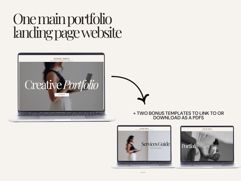 May include: Image of three laptops displaying a website design. The main laptop shows a "Creative Portfolio" with a woman holding a laptop. Two additional templates are also shown. Text reads "One main portfolio landing page website."