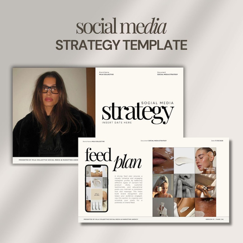 K&ouml;nnte beinhalten: Eine Social-Media-Strategievorlage mit dem Text "Strategie" und "Feed-Plan". Die Vorlage enth&auml;lt ein Raster mit Bildern, die eine Vielzahl von Sch&ouml;nheitsprodukten zeigen, sowie einen Telefonbildschirm, der ein Mockup eines Social-Media-Feeds anzeigt.
