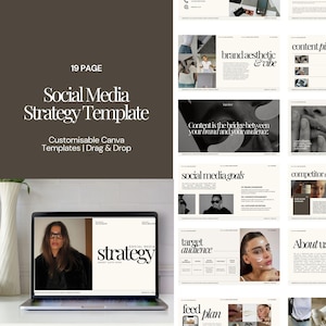 May include: A laptop screen shows a social media strategy template. The template includes pages on brand aesthetics, content, and target audience. Text on the screen reads "Social Media Strategy Template" and "Customisable Canva Templates | Drag & Drop."