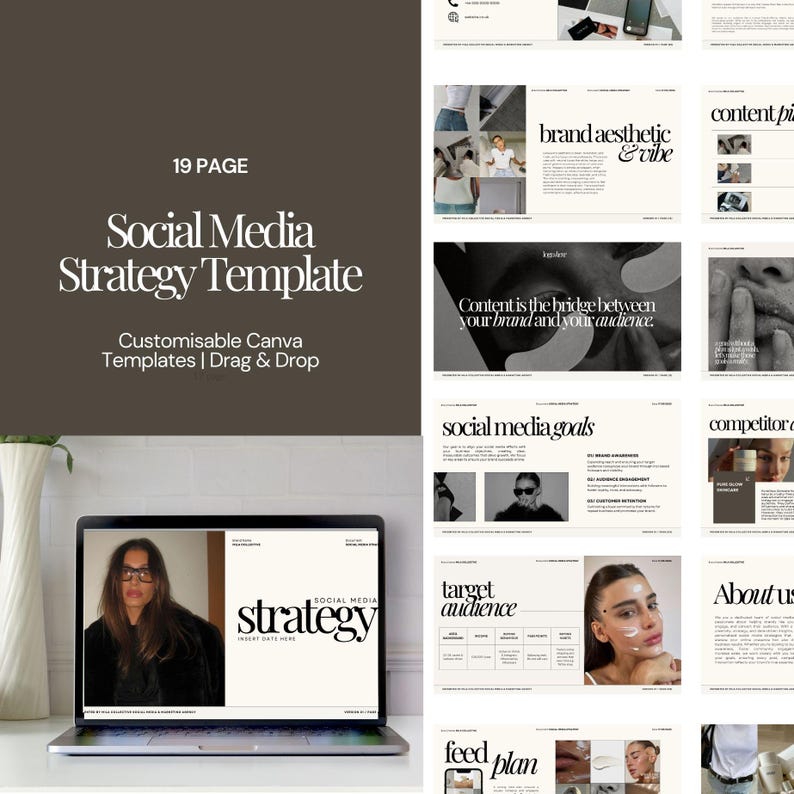 K&ouml;nnte beinhalten: Ein Laptop-Bildschirm zeigt eine Social-Media-Strategievorlage mit dem Text "SOCIAL MEDIA strategy" in Schwarzwei&szlig;. Die Vorlage enth&auml;lt Abschnitte f&uuml;r Marken&auml;sthetik, Content-S&auml;ulen, Social-Media-Ziele, Zielgruppe und einen Feed-Plan.