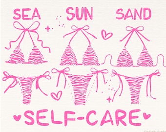 Sun Sea Sand & Self Care PNG Summer Self Love Retro Beach Shirt Png Trendy Summer Bikini Coquette Png Design Png Beach Vibes Summer Png File