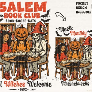 Może przedstawiać: Ilustracja w stylu vintage dla Salem Book Club. Projekt przedstawia trzy postacie: kobietę z rogami diabła, osobę z głową dyni i szkielet, wszyscy czytają książki. Tekst zawiera "Book-Booze-Bats" i "All Witches Welcome - 1692."