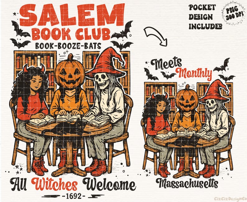 Może przedstawiać: Ilustracja w stylu vintage dla Salem Book Club. Projekt przedstawia trzy postacie: kobietę z rogami diabła, osobę z głową dyni i szkielet, wszyscy czytają książki. Tekst zawiera "Book-Booze-Bats" i "All Witches Welcome - 1692."