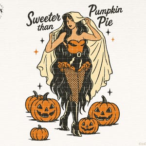 Peut inclure: Illustration vintage d'Halloween avec une femme en costume, une cape et des bas r&eacute;sille, entour&eacute;e de citrouilles sculpt&eacute;es. Le texte indique "Sweeter than Pumpkin Pie".